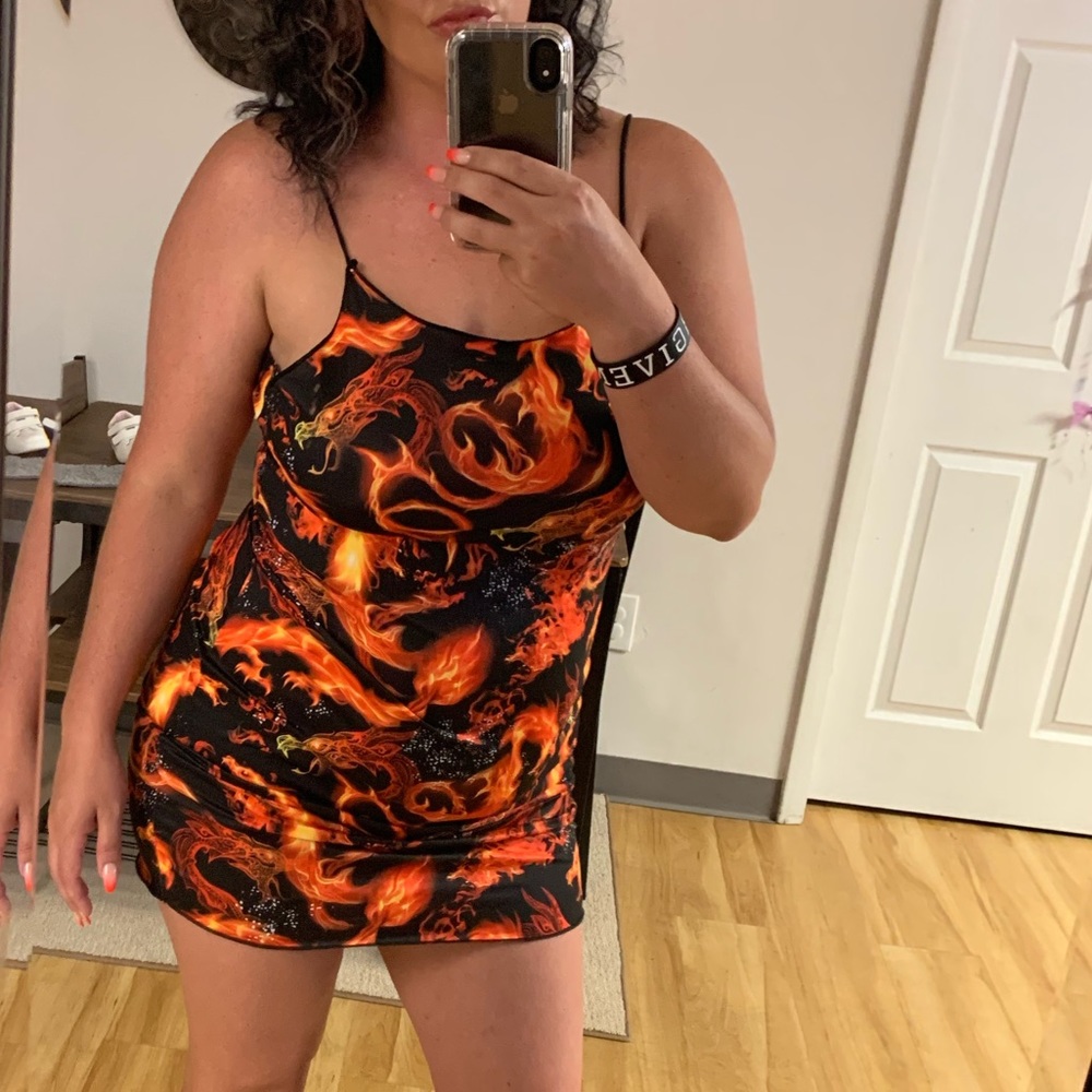 Lettuce Trim Fire Chinese Dragon Cami Dress